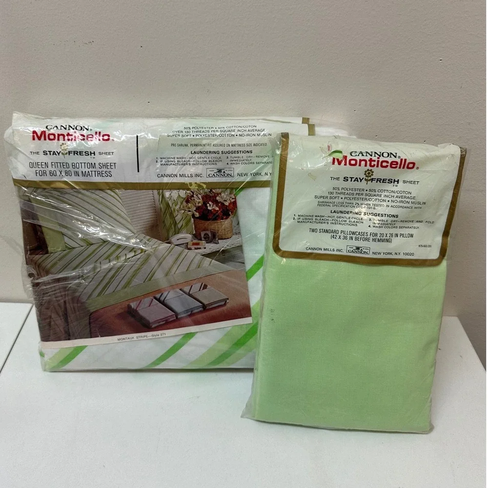 Vintage Cannon Monticello Queen Fitted Sheet & Pillowcases Montauk Stripe Green